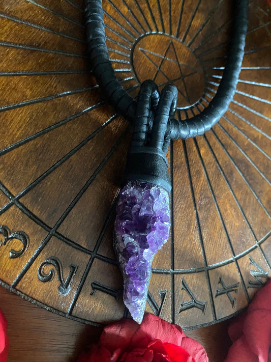 Amethyst & Black Leather Necklace